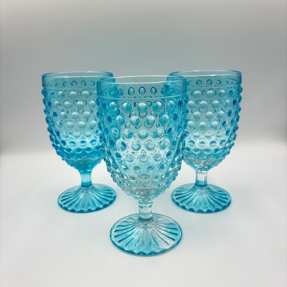 Vintage Blue Hobnail Glass Goblets Set of 3 Aqua Footed Water Wine Glasses Good